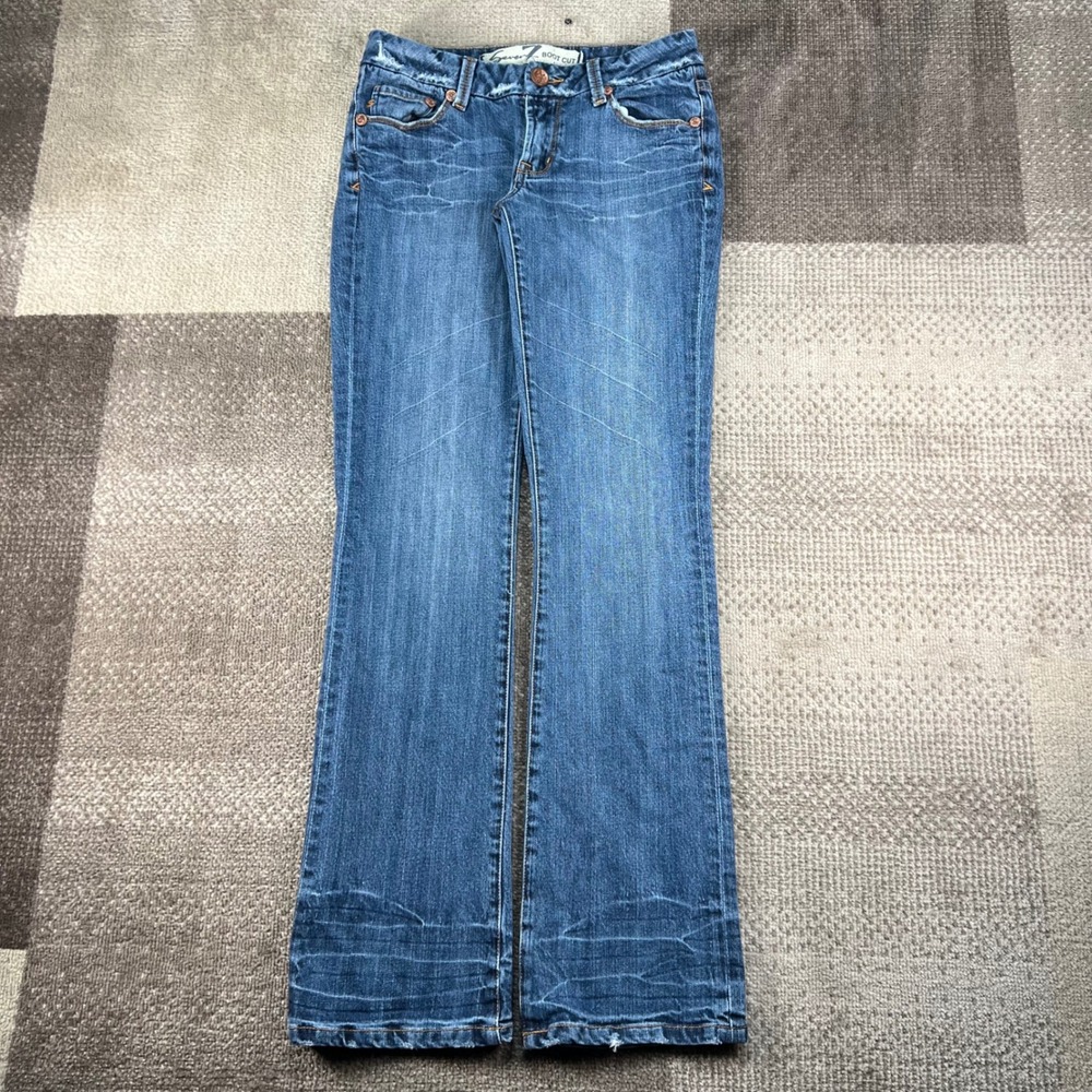 Seven7 Women Bootcut Jeans Size 28 Blue Distressed Whiskered Low Rise Denim